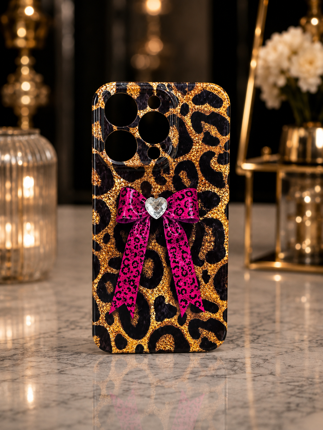 Cover Leopardata con Strass fiocco Rosa